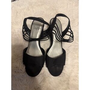 Impo Black Fabric Strappy Wedge Slingback Sandals Solo 7.5M Low Heel